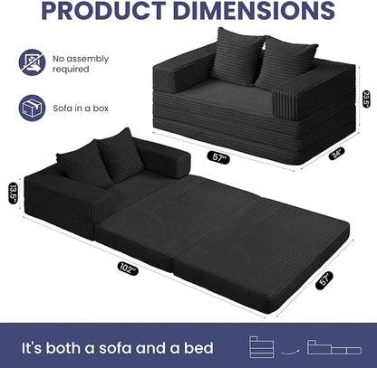 Convertible Sofa Bed, 4-in-1 Boneless Loveseat with Removable Armrests Backrest, Corduroy Futon Couch Bed with Pillow, Foldable Mattress Sleeper Sofa for Living Room Bedroom Small Place (Black)