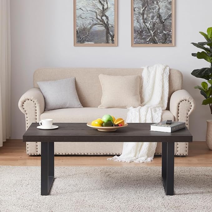 IBF Industrial Grey Coffee Table, Modern Simple Wood and Metal Center Tables, Minimalist Rectangle Wooden Living Room Table, Vintage Rustic Cocktail Tea Table for Home Bedroom, Dark Gray Oak, 39 inch