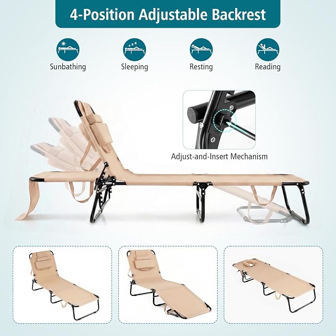 GYMAX Beach Lounge Chair, Sunbathing Chair Patio Lounge Chair Folding Adjustable Recliner with Hole for Face