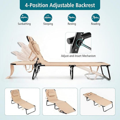GYMAX Beach Lounge Chair, Sunbathing Chair Patio Lounge Chair Folding Adjustable Recliner with Hole for Face