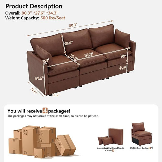80" Brown Faux Leather Storage 3 Seater Sofa, Modular Sectional Cloud Sofa | Modern Deep Seat Cloud Upholstered Sofa with Armrest, Convertible 3 Seater Comfy Sofa for Living Room, Bedroom, Small spaces
