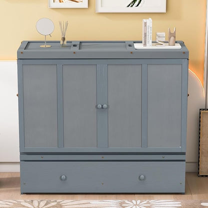 Merax Murphy Bed Cabinet Full Size with Storage Drawers, Chest Cube Bed for Guest Room, Built-in Sockets & USB Ports, for Home Office or Small Bedroom, Grey