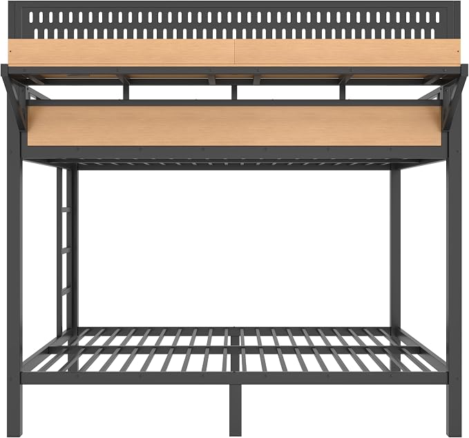 Bellemave Bunk Bed Queen Over Queen，Metal Bunk beds with Storage Shelves USB Ports and LED Lights, Natural