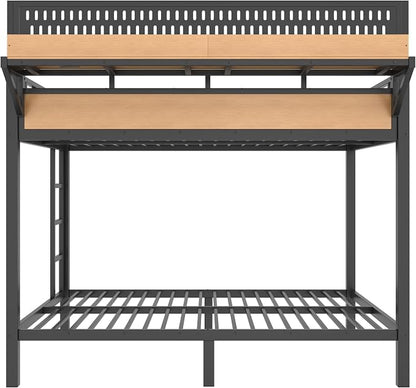 Bellemave Bunk Bed Queen Over Queen，Metal Bunk beds with Storage Shelves USB Ports and LED Lights, Natural