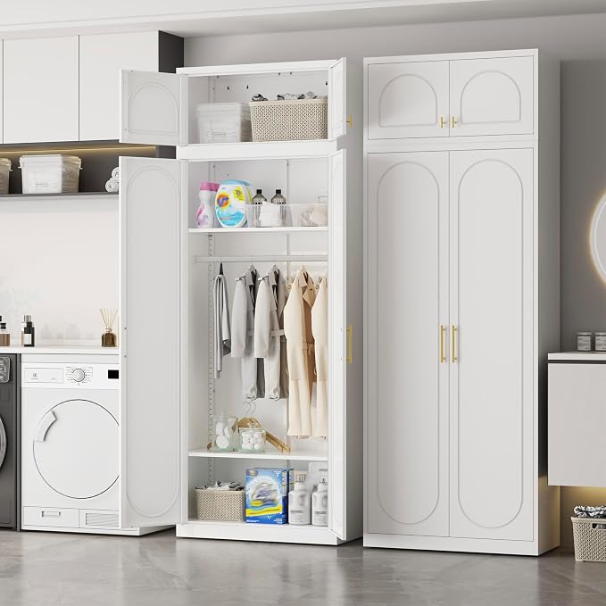 Metal Armoire Wardrobe Closet with Doors, 86" Tall Wardrobe Cabinet with Hanging Rod and Adjustable Shelves, White Clothing Storage Cabinets for Bedroom, Home Office