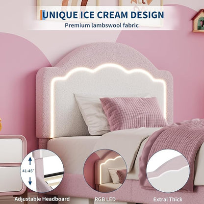 IDEALHOUSE Twin Bed Frame with LED Headboard, Boucle Fabric Upholstered Platform Bed with LED Light for Kids, Girls, Wooden Slats Support, No Box Spring Needed, Pink
