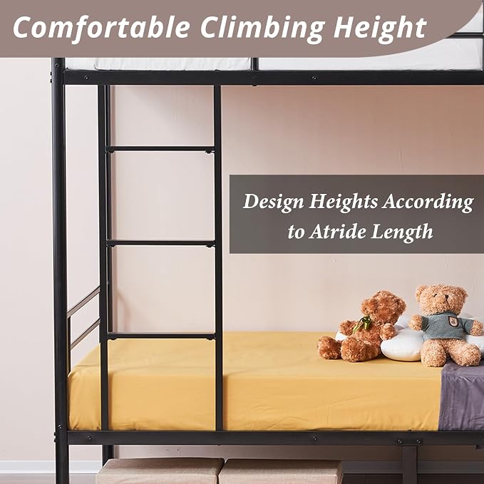Karl home Metal Bunk Bed Twin Over Twin with Built-in Ladder, Black | Heavy Duty Bunkbeds with Safety Guardrail and Space-Saving Design,Twin Bunk Beds for Kids, Teens & Adults, No Box Spring