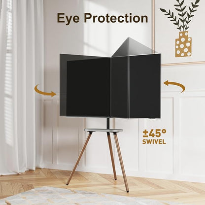 Tripod Easel TV Stand for 43–65 Inch TVs, Height Adjustable Swivel Floor Stand with Wood Shelf and Cable Management, VESA 400x400, Minimalist Black Walnut