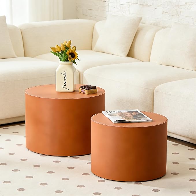 Round Coffee Table Set of 2, Modern Leather Circle Accent Tables, Minimalist Wooden Drum Side Table for Small Spaces Living Room Bedroom Balcony Office, Orange