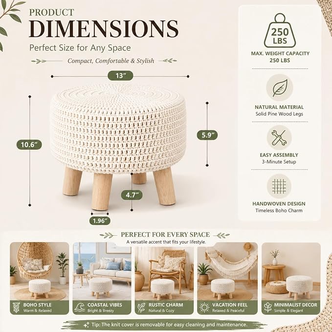 Wimarsbon Pouf Ottoman, 100% Cotton Knitted Boho Footstool, Round Footrest with Non-Skid Wood Legs, Home Décor Handmade Pouffe, Leisure Floor Step Stool for Living Room (Beige)