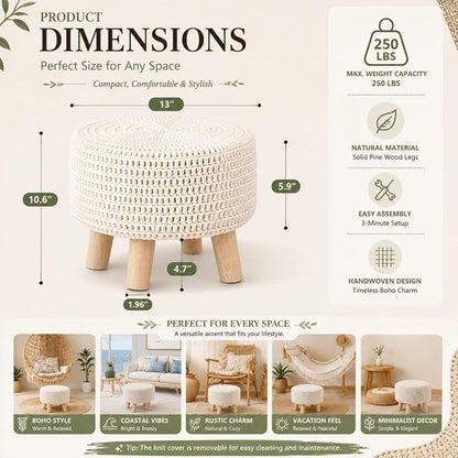 Wimarsbon Pouf Ottoman, 100% Cotton Knitted Boho Footstool, Round Footrest with Non-Skid Wood Legs, Home Décor Handmade Pouffe, Leisure Floor Step Stool for Living Room (Beige)