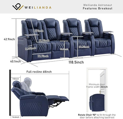 Weilianda Home Theater Seating Top Grain Leather Zero Gravity Recliner Chair Power Headrest Recline Movie Seat Gaming 7 Colors Mood Light Sofa with Tray Table USB Charge Row of 4 Loveseat Left Blue