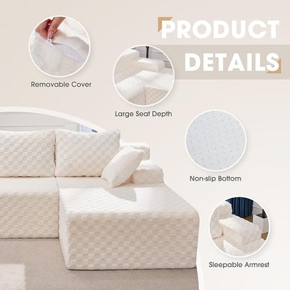 Hobestluk Boneless Couch Modular Sectional Sofa L-Shape Couch 3 Seat Modular Couch Memory Foam Sectional Couches for Living Room Furniture, Cloud Couch with Chaise Lounge (96" Right Facing Chaise)