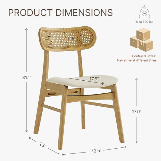 KISLOT Rattan Dining Chairs Set of 6, Upholstered Modern Dining Room Chairs, Mid Century Oak Wood Kitchen Chairs with Rattan Backrest for Farmhouse, Restaurant, Café (Cream Fabric & Original Color)
