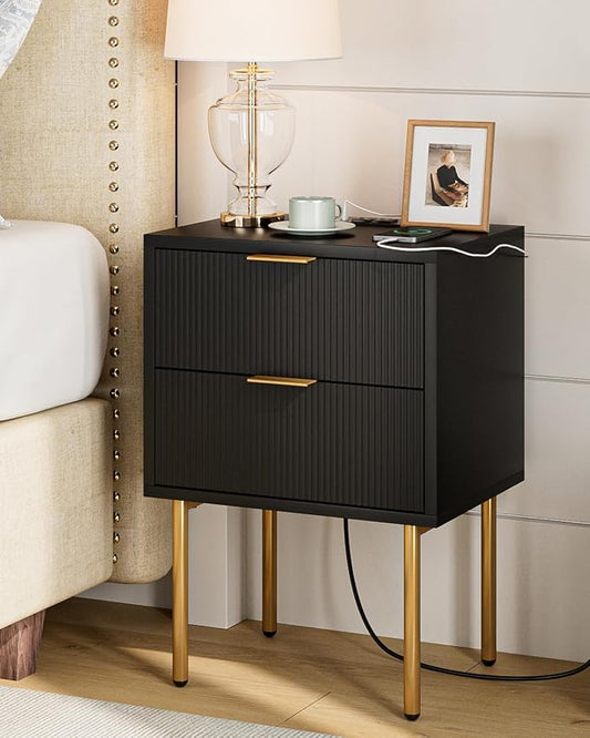 Masupu Nightstand with Charging Station,Mid-Century Modern Bedside Table with 2 Storage Drawer,Small Gold Frame Side End Table for Bedroom,Living Room (Black)