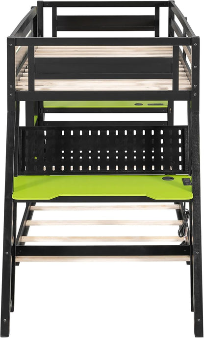 Merax Wooden Twin Over Twin Bunk Bed with 2 Side Desks, USB Desktop Ports and Pegboard Organizer, Gaming Bunk Bed for Gamer, Kids or Teens, No Box Spring Needed, Green