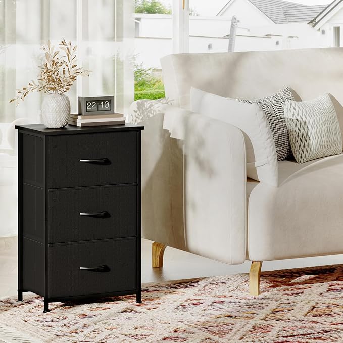 Somdot Dresser for Bedroom with 3 Drawers, Storage Organizer Chest of Drawers with Removable Fabric Bins for Closet Bedside Living Room Laundry Entryway Hallway, Black