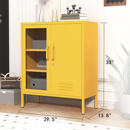 Yellow Lockable Glass & Metal Door Storage Cabinet, 3-Tier Freestanding Locker Organizer with 2 Adjustable Shelves, Multipurpose Unit for Home, Entryway, Hallway, 33" H x 29.5" W x 13.8" D