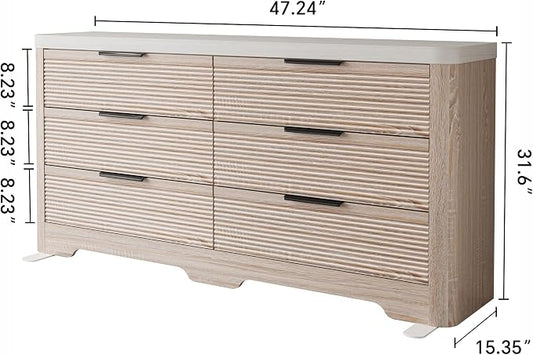 FUSUNBAO Fluted 6 Drawer Dresser, Modern Wood Dresser for Bedroom,TV Stand,Thickened Curved Profile Design,Bedroom,Entryway,Wood Drawer Organizer(Natural Oak)