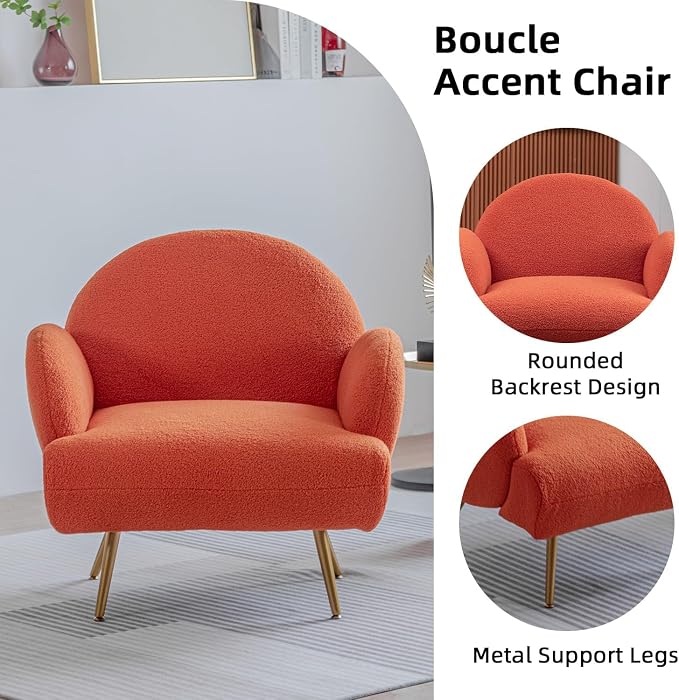 Orange Accent Sherpa Chair, Comfy Boucle Chair for Reading Bedroom Living Room with Golden Metal Legs Teddy Tufted Backrest Sofa Armchair Side Chair