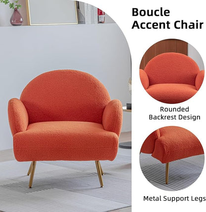 Orange Accent Sherpa Chair, Comfy Boucle Chair for Reading Bedroom Living Room with Golden Metal Legs Teddy Tufted Backrest Sofa Armchair Side Chair