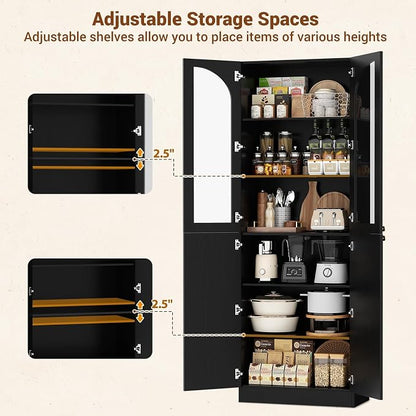 Cyclysio 80" Kitchen Pantry, Tall Arch Storage Cabinet with Tempered Glass & Soft Close Doors, Freestanding Wood Floor Cupboard Bookcase with Seamless Fit Wall for Dining Room, Living Room, Bathroom