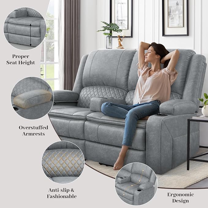 Yolsali Loveseat Recliner Sofa, Manual Reclining Loveseat with Removable Armrest, PU Leather Double Recliner for RV with 2-Tier Cushions, USB Charging Ports, Cup Holders - Gray PU