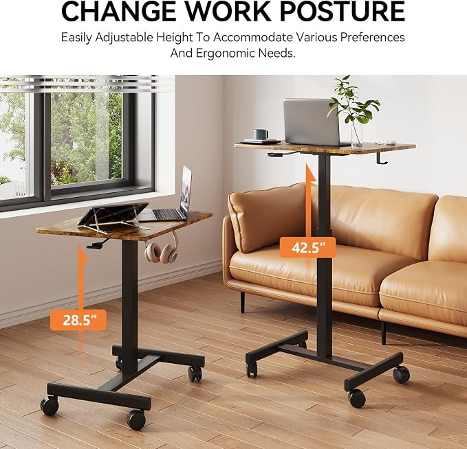 18.9*25.6 inch Mobile Standing Desk,T Shaped Pneumatic Adjustable Height Stand Up Desk,with Lockable Wheels,Ergonomic Standing Side Table for Home Office Work Computer Workstation BROWN+BLACK