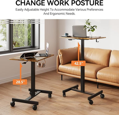 18.9*25.6 inch Mobile Standing Desk,T Shaped Pneumatic Adjustable Height Stand Up Desk,with Lockable Wheels,Ergonomic Standing Side Table for Home Office Work Computer Workstation BROWN+BLACK