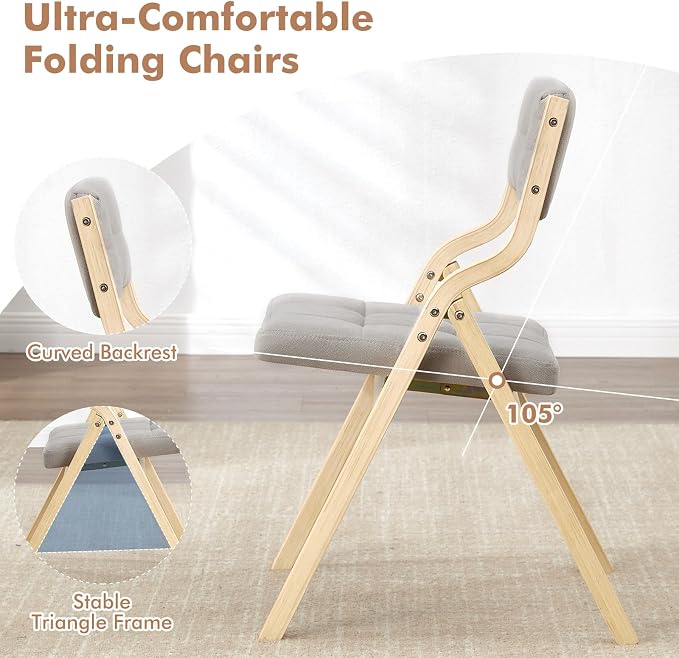 4-Pack Folding Dining Chairs with Cushion,Padded Foldable Dining Chairs,Portable Wooden Folding Chairs for Dining Rooms Kitchen Wedding and Party Indoor LIGHTGREY
