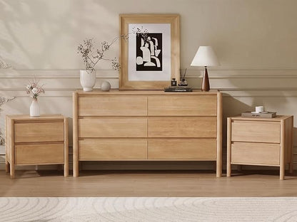 CHUWELL 3-Piece Bedroom Dresser Set-6 Drawer Dresser & 2 Nightstands,47" Wide Dresser and Night Stands with Solid Wood Cylindrical Legs,Rustic Wooden Storage for Bedroom(Oak)