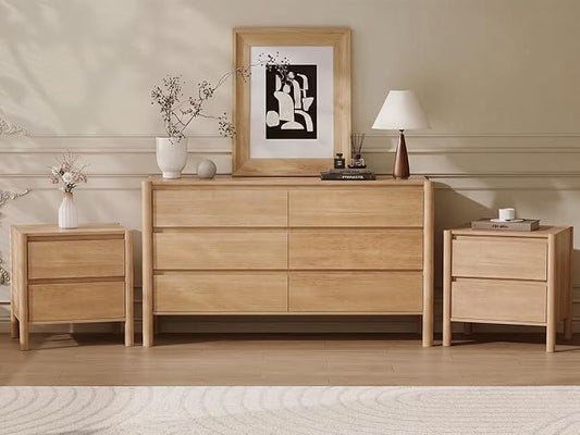 CHUWELL 3-Piece Bedroom Dresser Set-6 Drawer Dresser & 2 Nightstands,47" Wide Dresser and Night Stands with Solid Wood Cylindrical Legs,Rustic Wooden Storage for Bedroom(Oak)
