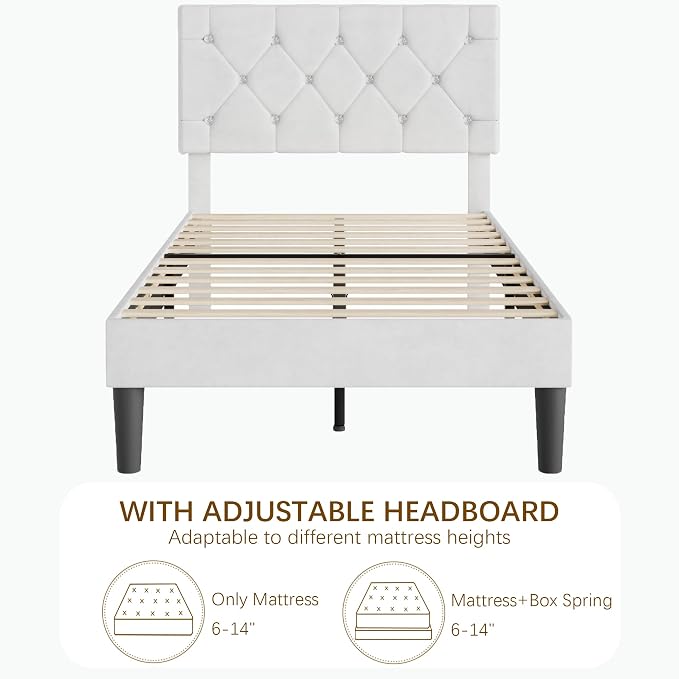 VECELO Twin Size Bed Frame with Diamond Tufted Headboard, Upholstered Platform Bedframe with Wood Slat Support, No Box Spring Needed, Velvet & White