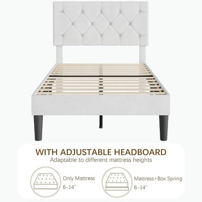 VECELO Twin Size Bed Frame with Diamond Tufted Headboard, Upholstered Platform Bedframe with Wood Slat Support, No Box Spring Needed, Velvet & White