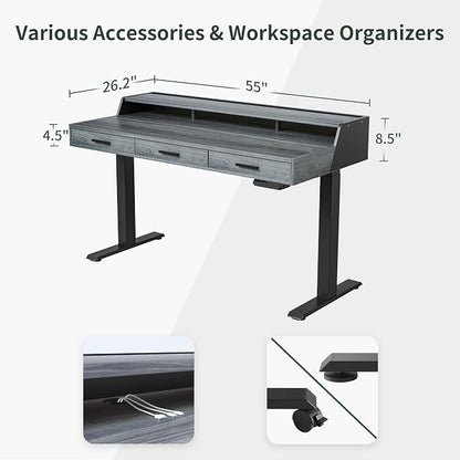CubiCubi Standing Desk 55x26 Inches with 3 Wood Drawers and Monitor Shelf, Ergonomic Rising Home Office Desks, Height Adjustable Computer Desk, Sit Stand Up Electric Workstation Table, Antique Grey