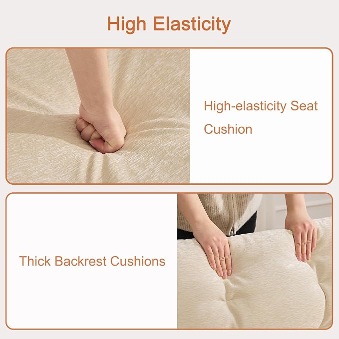 84" L Shaped Modular Sectional Cloud Sofa with Ottoman, Deep Seat Tufted Chenille 4-Seater Couch with Curved Arms, Beige