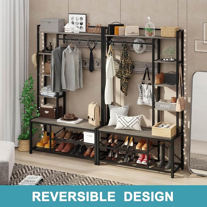 BON AUGURE Hall Tree with Bench and Shoe Storage, Entryway Bench with Coat Rack, Wooden Metal Coat Tree with Hooks, 5 in 1 Multifunctional Shoe Benches and Wall Rack (Dark Gray Oak)