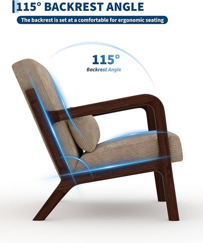 Garvee Mid-Century Modern Accent Chair, Wide-Wale Corduroy Upholstery, Solid Wood Armchair with Removable Lumbar Pillow, Sturdy Reading Chair for Living Room, Bedroom, Guest Room, Easy Assembly, Brown