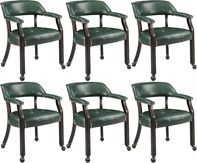 LEEMTORIG Set of 6 Large Dining Chairs with Casters and Arms, Rolling Dining Chairs with Wheels, Game Poker Chairs, Boss Caption's Chairs, 26" Dx25.2 Wx31.5 H, Espresso Legs & Green PU, XXY-1910-GN