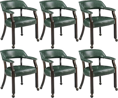 LEEMTORIG Set of 6 Large Dining Chairs with Casters and Arms, Rolling Dining Chairs with Wheels, Game Poker Chairs, Boss Caption's Chairs, 26" Dx25.2 Wx31.5 H, Espresso Legs & Green PU, XXY-1910-GN