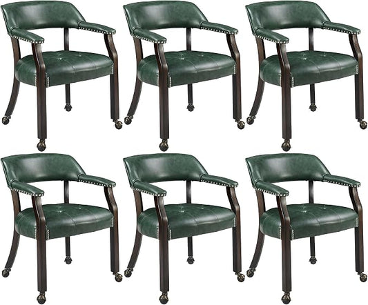 LEEMTORIG Set of 6 Large Dining Chairs with Casters and Arms, Rolling Dining Chairs with Wheels, Game Poker Chairs, Boss Caption's Chairs, 26" Dx25.2 Wx31.5 H, Espresso Legs & Green PU, XXY-1910-GN