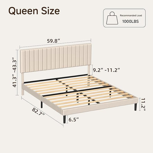 Queen Size Platform Bed Frame with Vertical Channel Tufted Headboard, No Box Spring Needed, Noise-Free, Easy Assembly, Beige Velvet