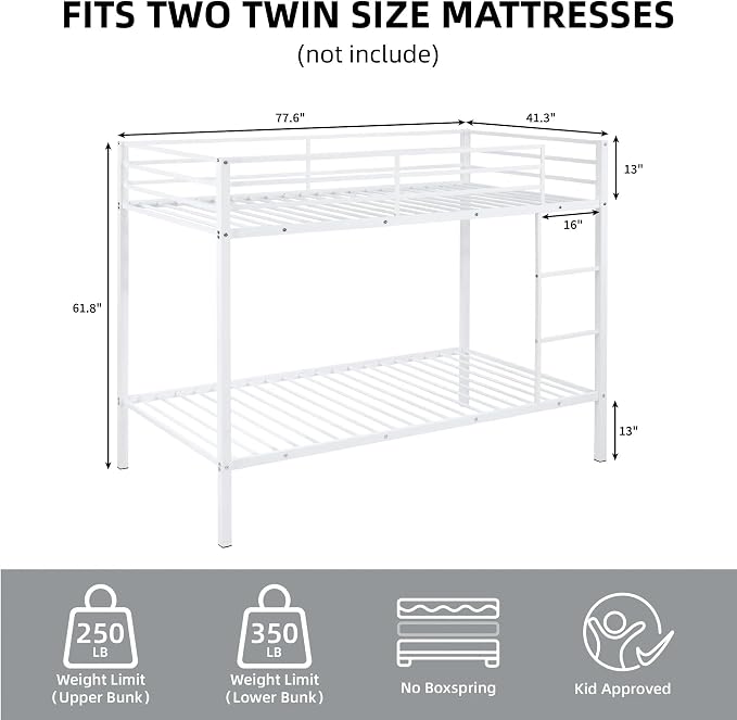 Bunk Bed Twin Over Twin, Metal Bunk Bed Frame, Metal Bunkbeds with Built-in Ladder, High Guardrail and Slats, No Box Spring Needed, Space Saving, Noise Free (White)