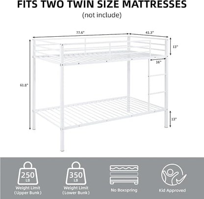 Bunk Bed Twin Over Twin, Metal Bunk Bed Frame, Metal Bunkbeds with Built-in Ladder, High Guardrail and Slats, No Box Spring Needed, Space Saving, Noise Free (White)