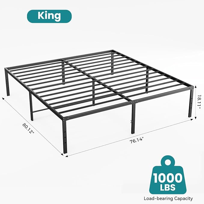 Sweetcrispy King Size 18 Inch Platform Bed Frame, Heavy Duty Metal Foundation Frame, Noise-Free Sturdy Steel Slats, Underbed Storage, No Box Spring Needed, Quick Setup