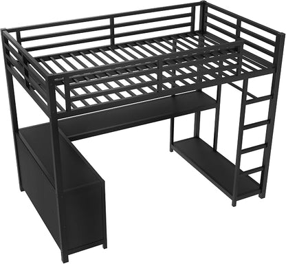 Bellemave Twin XL Size loft Bed with L Desk, Wardrobe, Metal Twin XL Loft Bed Frame for Adults, Kids, Teens, Black
