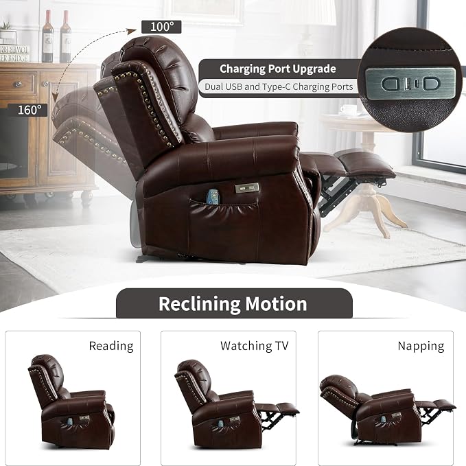 HAOMARKETS Classic Power Recliner Chair with Massage and Heat, Breathable Faux Leather Electric Recliner with USB&Type-C Ports, Overstuffed Reclining Sofa with Rivets for Living Room, Caramel Brown