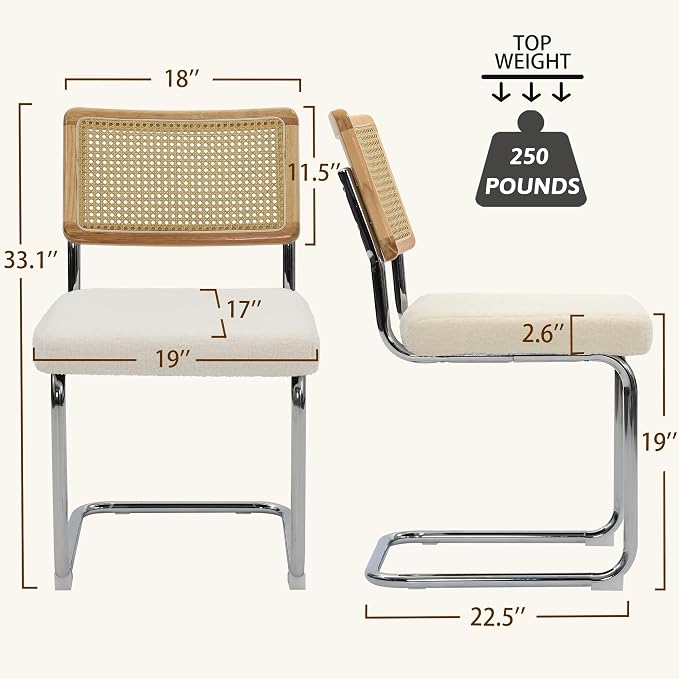 KROFEM Dining Chairs Set of 2,Modern Rattan Kitchen Chairs,White | Mid Century Modern Design,Polished Chrome Frame,Upholstered Seat