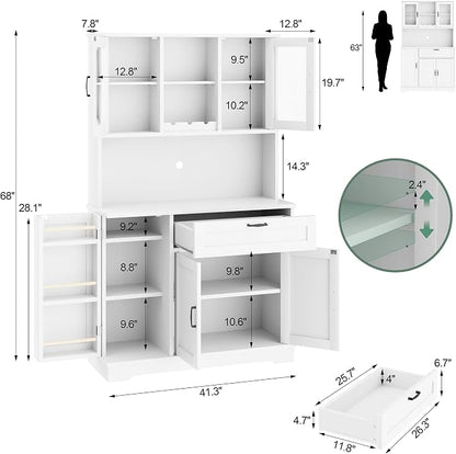 Shintenchi Kitchen Pantry Storage Cabinet, Freestanding Buffet Cabinet with Microwave Stand & 3 Door Shelves, Kitchen Hutch with Doors, Adjustable Shelves and Wine Rack, White