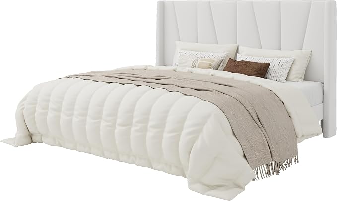 SHA CERLIN King Size Velvet Bed Frame with Geometric Wingback Headboard, Upholstered Platform Bed with Wooden Slats Support, 8" Under-Bed Space, No Box Spring Needed, Easy Assembly, Cream